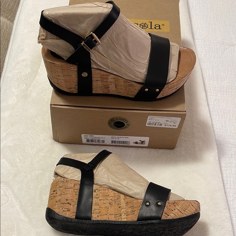 Black and Tan Bussola authentic leather Wedge Sandals